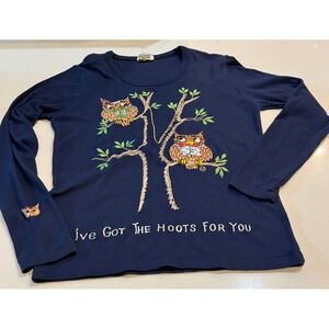 Vtg 1980s Shirlee Designs Navy Blue Long Sleeve Embroidered Owl T Shirt Womens M